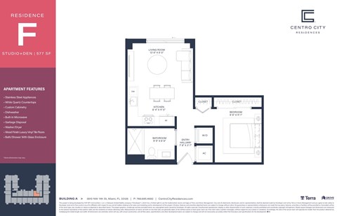 Floor plan for studio, 1 bath, 577 sqft